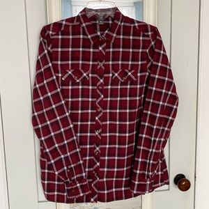 Eddie Bauer classic fit red, black, and white plaid flannel shirt